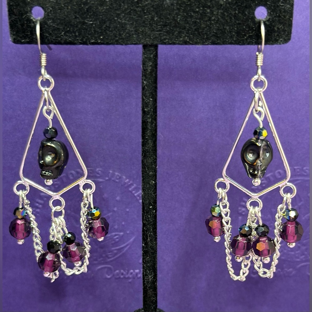 Skulls and Red Crystal Dangle Chandelier Earrings by Shanstones Bespoke Designs